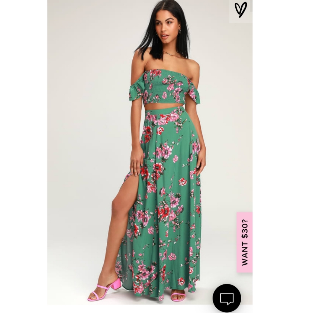 Away On Vacay Green Floral Print Two-Piece Maxi